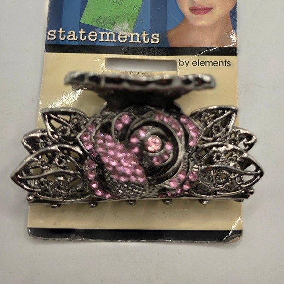 Statements by Elements Accessories - Statements by Elements Pink Rhinestone Rose Silver Metal Hair Claw Clip 76410